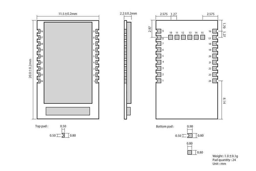 主從一體藍(lán)牙模塊尺寸圖