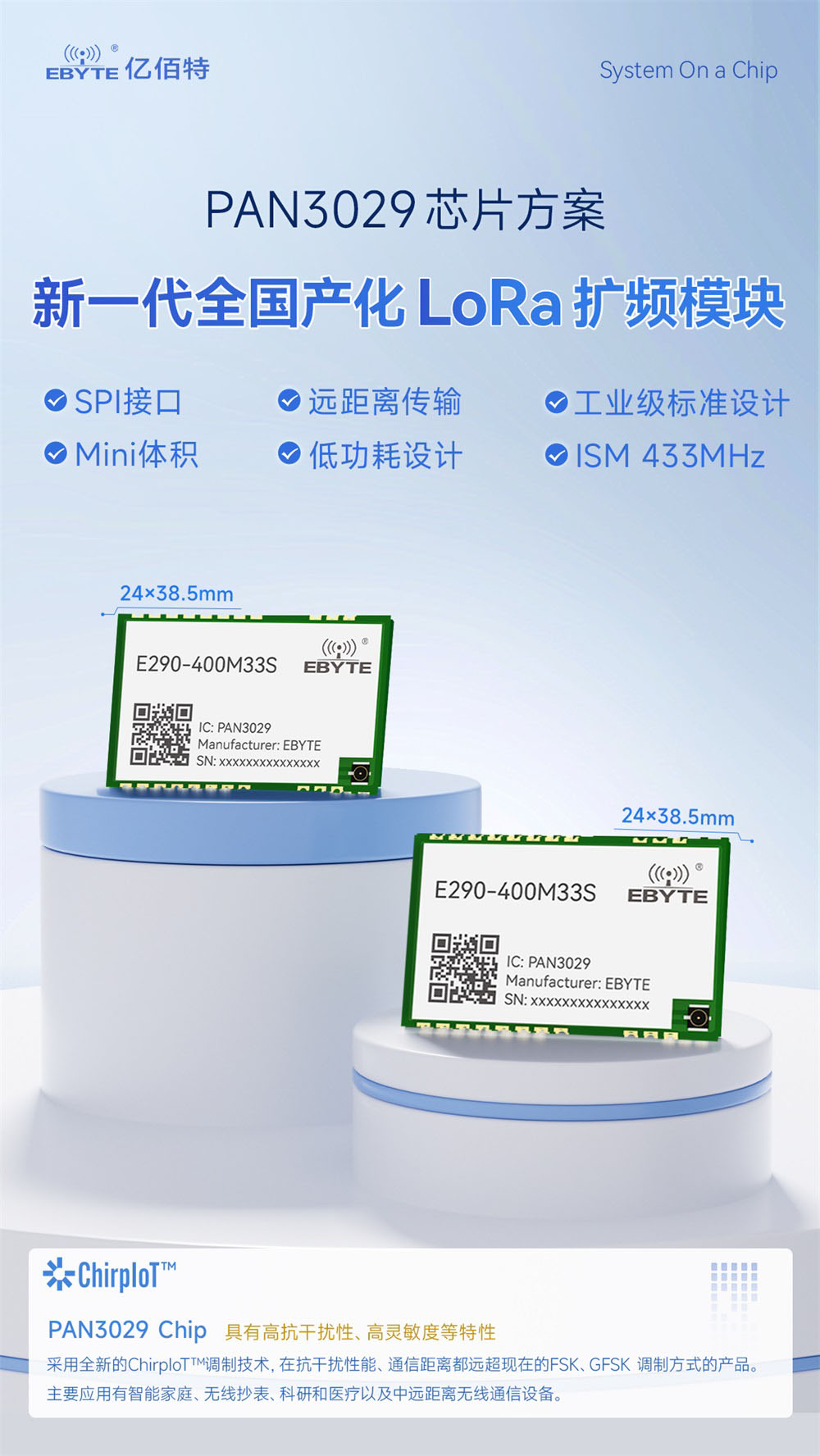 E290-400M33S(3029) 全國(guó)產(chǎn)PAN3029方案LoRa模塊